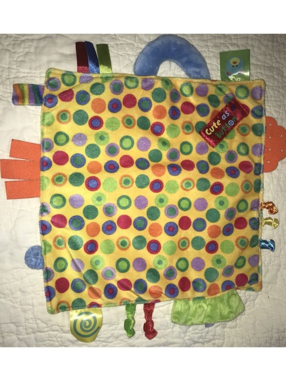 Cute As A Button Lovey Crinkle Security Blanket Tags Knots Fleece Satin EUC